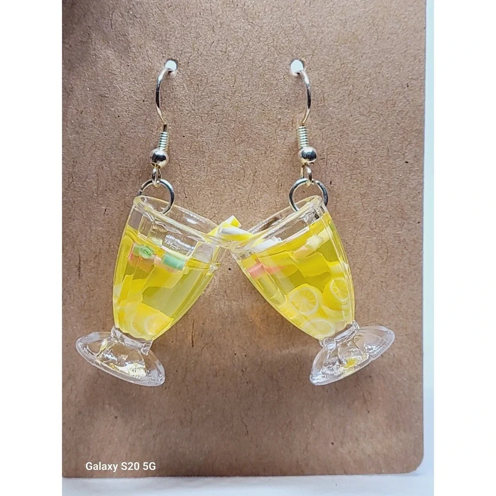 Handmade Yellow Lemonade Glass Drink Earrings Miniature Food Dangle Drops Summer